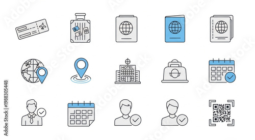 Collection of travel and business icons for various concepts.
