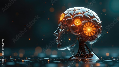 A detailed view of a person's head with an illuminated brain, great for science and medical illustrations