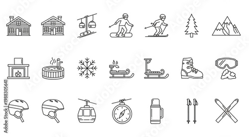 Collection of winter sports and outdoor recreation related line art icons.
