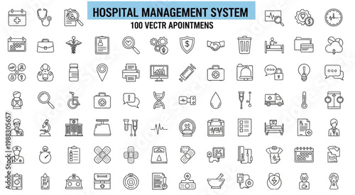 Hospital Management System Icons Representing Healthcare and Medical Services.