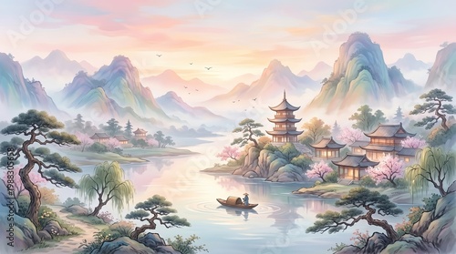 A dreamy oriental landscape with soft gradients and calm mood
