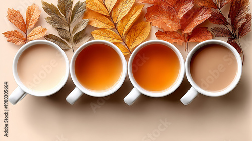 Four cups of tea in autumn colors with leaves on beige background  