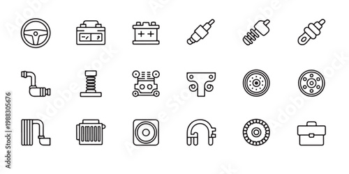 Automotive Spare Parts and Vehicle Components Outline Icon Collection