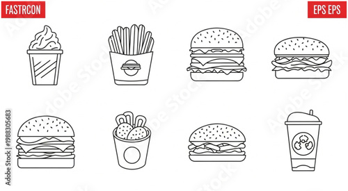 Assortment of fast food items, including burgers, fries, and ice cream, in a line.
