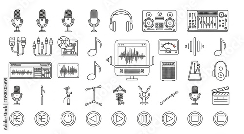 Collection of audio recording equipment and music production icons in a line art style.