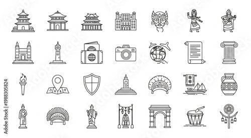 Collection of various cultural and historical icons in detailed line art style.