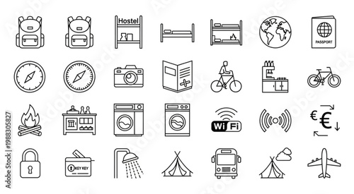 Collection of travel and vacation related line art icons and symbols.
