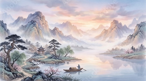 A dreamy oriental landscape with soft gradients and calm mood

