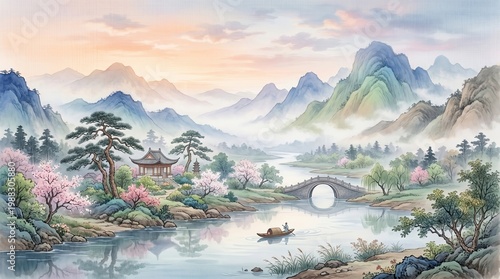 A dreamy oriental landscape with soft gradients and calm mood
