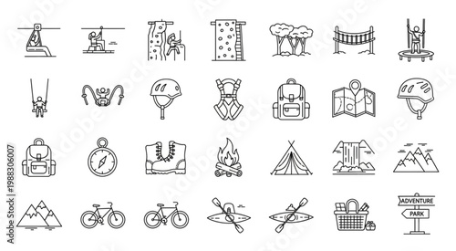 Adventure and outdoor recreation icons set for travel and leisure activities.