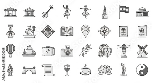 Collection of various cultural and travel related icons in black and white.
