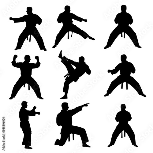 Set of Nine Martial Arts Action Pose Silhouettes