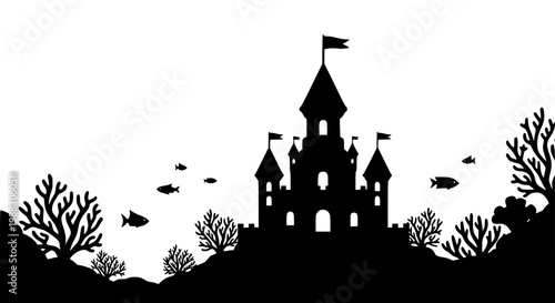 Silhouette of a Fairytale Castle Underwater with Corals and Fish