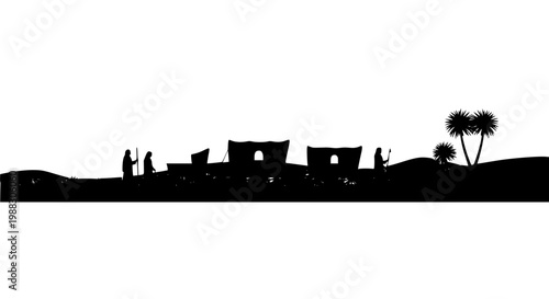 Silhouette of a Pioneer Wagon Train and Travelers in the Desert