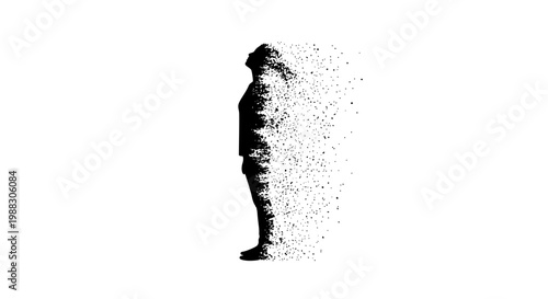 Silhouette of person dissolving into particles on white background