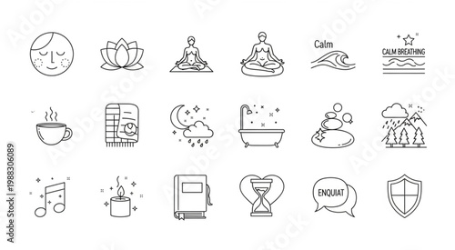 Collection of line art icons representing mindfulness, meditation, and relaxation concepts for well-being.