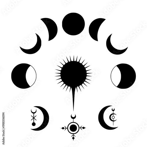 Sun and Moon Phases Celestial Mystical Vector Illustration