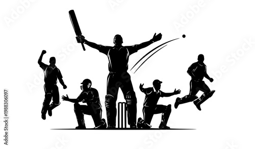 Cricket batsman victory celebration silhouette vector set