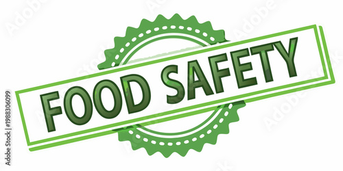 Green food safety stamp with cogwheel design and text overlay