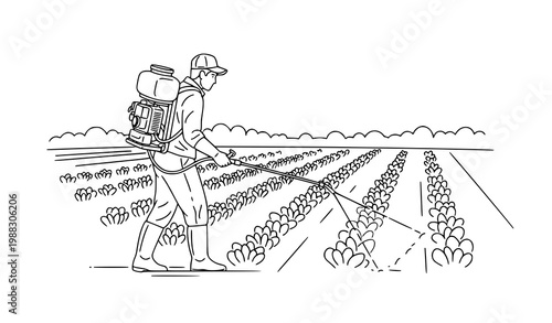 Farmer pesticide spray vector line art agriculture field