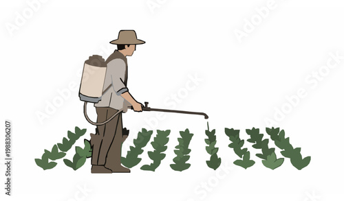 Agriculture farmer spraying crops vector sketch illustration