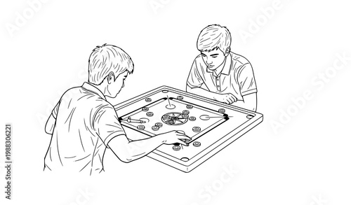 Carrom board players vector line art indoor game match
