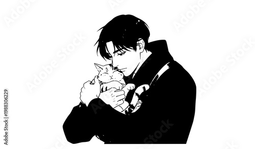 Male cat lovers outline icon collection with pet care scenes and tender moments vector illustration