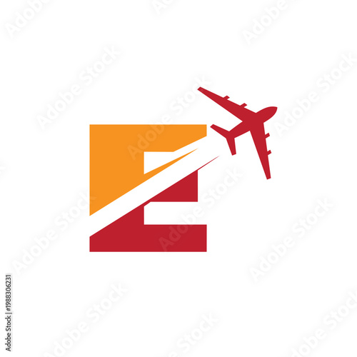 This is a logo design of a letter E with an airplane flying through it cut the letter into two parts. The logo looks nice in red and orange color combination and on a white background.
