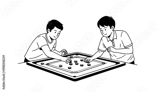 Carrom players cartoon doodle vector board game