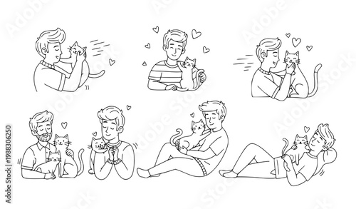 Cute men and cats doodle icon set showing love care and companionship black and white vector illustration
