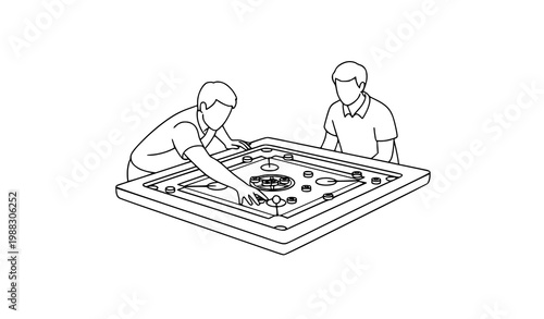 Carrom board match vector line art indoor sport