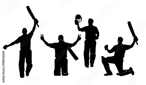Cricket batsman celebration silhouette vector set century