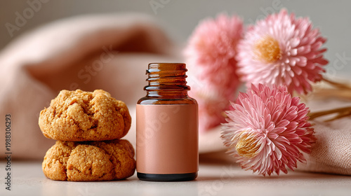 Cookie and essential oil bottle with flowers on soft fabric background  