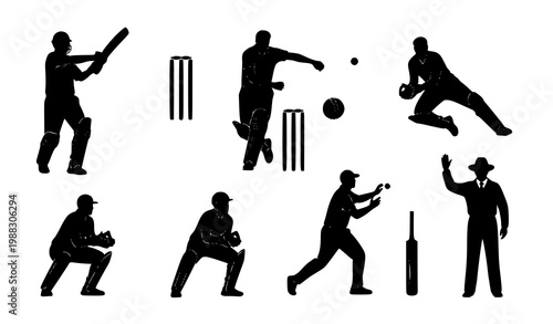 Cricket silhouettes players vector sport action set