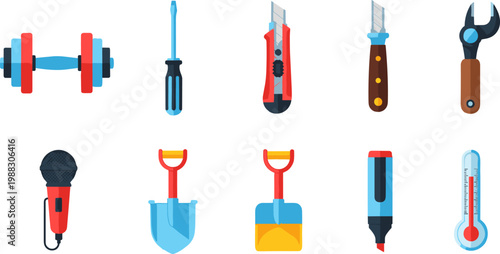 Tool and Equipment Set with Dumbbells, Screwdrivers, Shovel, Microphone, and More in Flat Vector Style