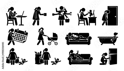 Modern Motherhood Silhouettes – Real Mom Life, Multitasking, Parenting Daily Scenes