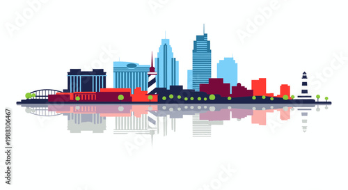 Modern City Skyline Vector Illustration, Minimalist Urban Landscape with Architectural Buildings and Waterfront Reflection for Travel and Real Estate Design