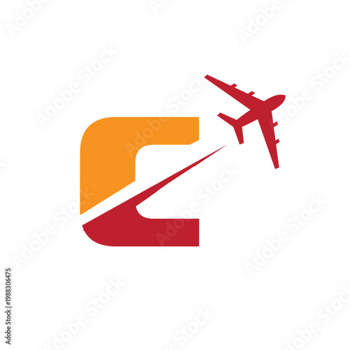 This is a logo design of a letter C with an airplane flying through it cut the letter into two parts. The logo looks nice in red and orange color combination and on a white background.