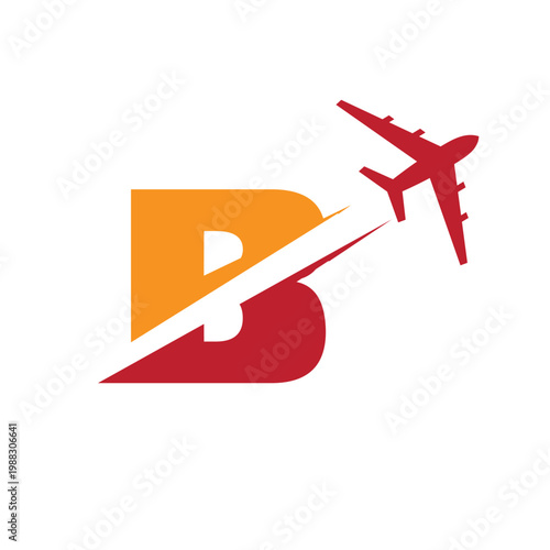 This is a logo design of a letter B with an airplane flying through it cut the letter into two parts. The logo looks nice in red and orange color combination and on a white background.