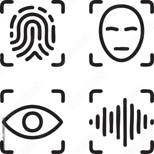 Vector graphic illustration of biometric authentication icons including fingerprint face eye and sound wave designs for secure identification