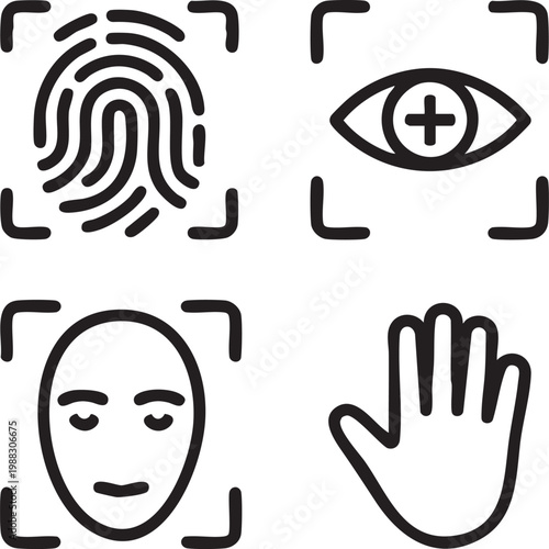 Biometric authentication vector icons set including fingerprint, eye, face, and palm recognition symbols for secure identification and access control systems.