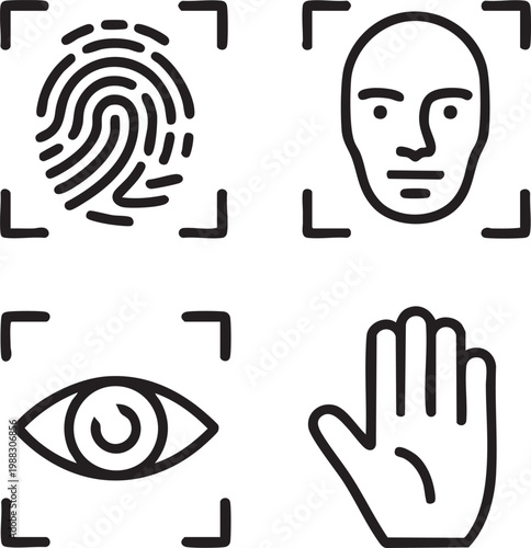 Biometric authentication vector icons set including fingerprint face eye and palm recognition graphic designs for security and identification purposes