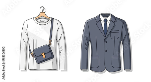 Illustration of outfit: business suit and casual wear with cross-body bag