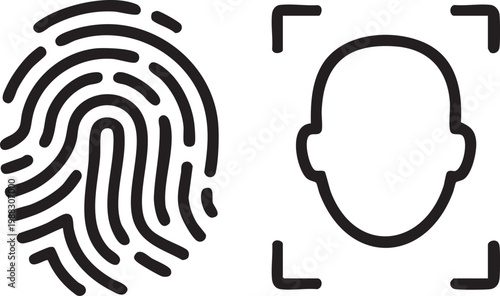 Vector graphic illustration of a fingerprint and a human head silhouette with corner brackets for identification purposes in a modern design.