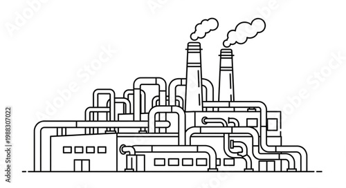 Industrial factory with smoke stacks and pipes illustration.
