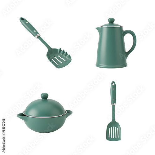 Green kitchenware set with a teapot spatula and cooking pot.