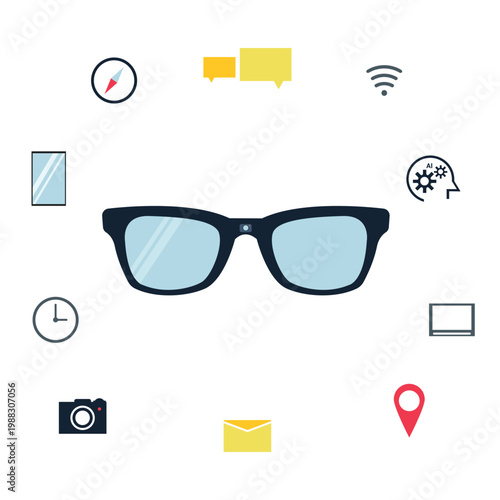Smart Glasses Interface Concept with Connected Icons Vector Illustration, ideal for technology, innovation, augmented reality, and future devices concepts.