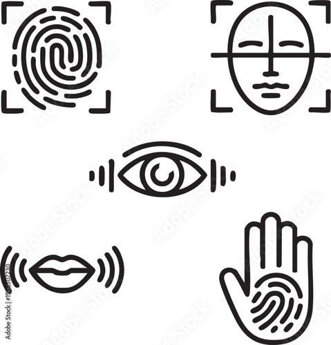 Vector graphic illustration of various biometric authentication icons including fingerprint, face, eye, voice, and palm scan designs for secure identification purposes.
