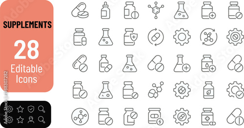 A collection of 28 editable icons representing various supplement and science related items in a flat design style, suitable for marketing, advertising, and educational materials