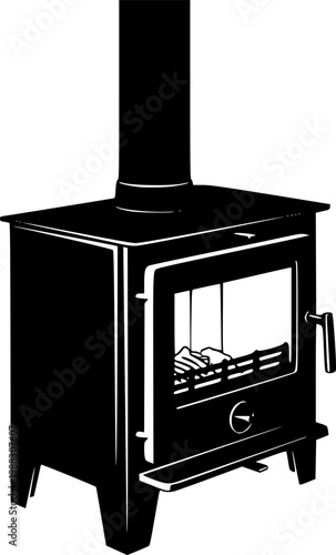 Black Silhouette of a Wood Burning Stove isolated on white background
